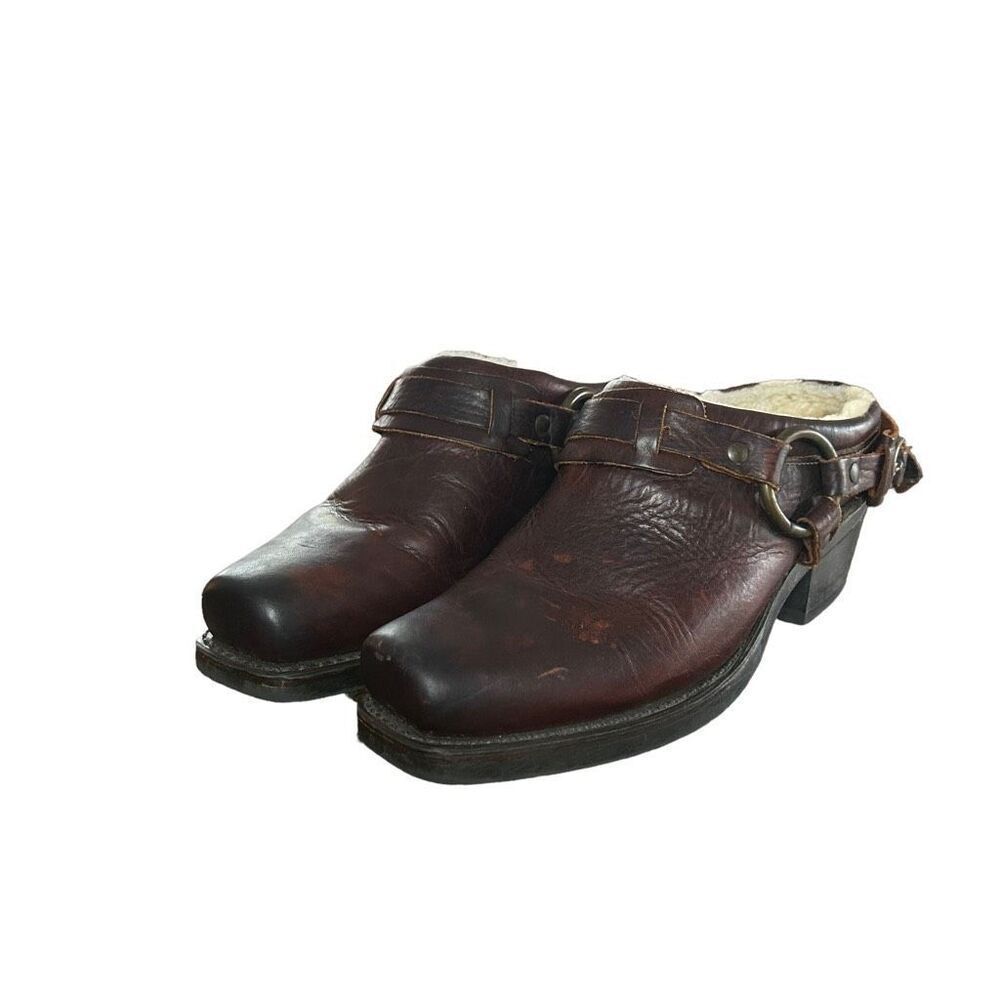 FRYE Women’s Sherpa Lined Brown Belted Leather Mule Heel Size Unknown